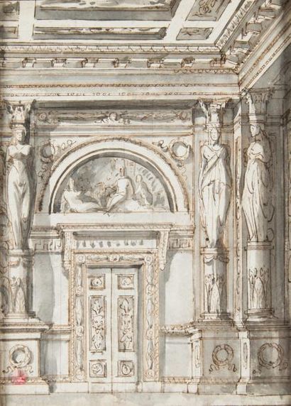 Ecole Italienne fin du XVIIIe siècle Etude de palais Plume et encre brune, lavis...