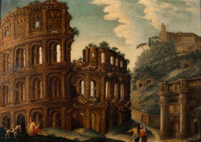 ÉCOLE ITALIENNE DU XVIIIÈME SIÈCLE Vue du Colisée à Rome. Huile sur toile, 44 x 60...