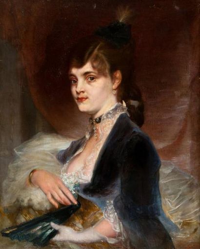 Daniel CASEY (?-1885) Portrait d'élégante à l'éventail. Huile sur toile, signée en...