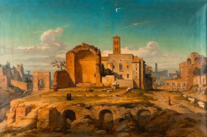 Pierre BONIROTE (1811-1891) Vue du forum à Rome. Huile sur toile, signée en bas à...
