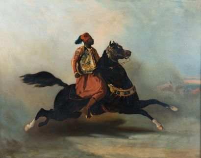 Alfred de DREUX (Suiveur de) Cavalier oriental. Huile sur toile, 78 x 99 cm.(Rentoilée,...