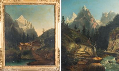 Ecole du XIXème siècle Paire d'huiles sur toile formant pendant: paysages de montagne,...