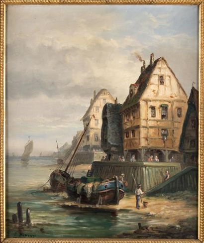 E. DUMONT (XIX) Retour de pêche. Huile sur toile signée en bas à gauche. 44x55,5...