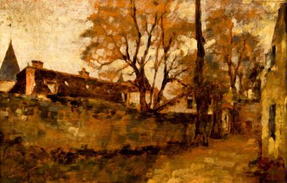 Edouard Hippolyte MARGOTTET (1848-1887) Entrée de village en automne. Huile sur panneau....