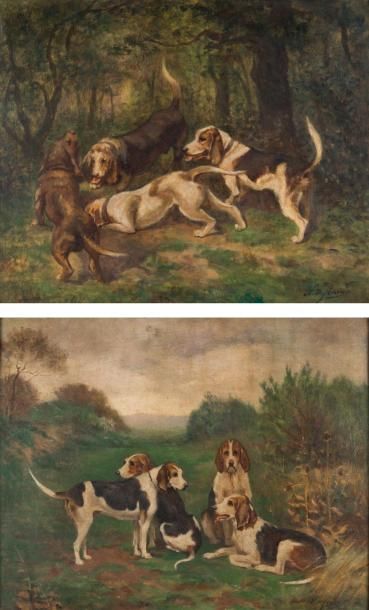 Olivier DE PENNE (d'après) Quatre chiens. Deux huiles sur panneau formant pendant,...
