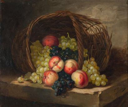 Francisque DURAND (XIX) Panier de pêches et raisins. Huile sur toile, signée en bas...