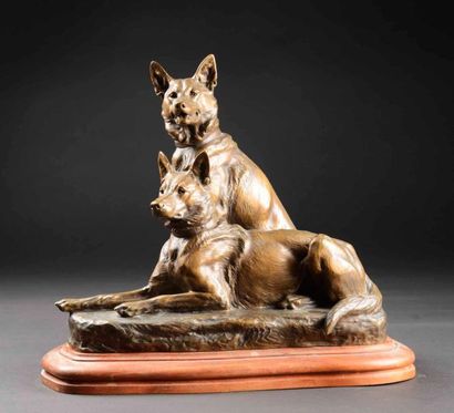 RICHE Louis (1877-1949) Couple de chiens de berger fonte en bronze d'édition ancienne...
