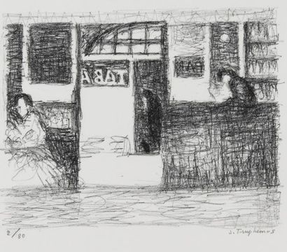 Jacques TRUPHEMUS (Né en 1922) Intérieur de café tabac. Lithographie, numérotée 2/80,...