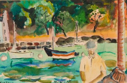 Alexandre MINGUET (1937) Port de Kerdine. Aquarelle, signée en bas, 17 x 26 cm