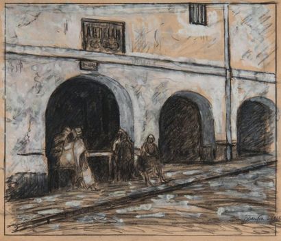 MAXIME MAUFRA (1861 - 1918) Autour du marché à Biskra.Gouache et fusain, signée en...
