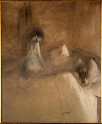 Jean Louis FORAIN (1852-1931) Le Lever. Huile sur toile, signée en bas à droite....
