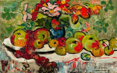 Emilie CHARMY (1878-1974) Composition aux pommes et fleurs Huile sur toile, signée...