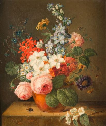 Ecole LYONNAISE XIXème siècle Bouquet de fleurs sur un encadrement Huile sur toile,...