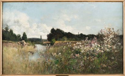 Alexandre DEFAUX (1826-1900) Bras d'un étang en Seine et Marne Huile sur toile signée...