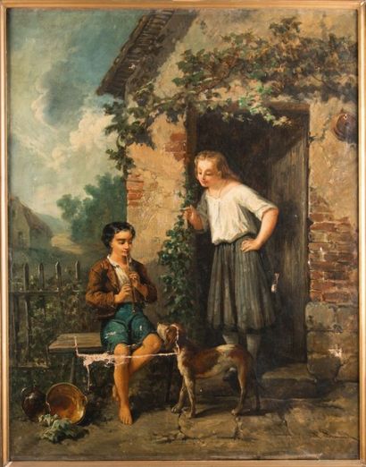 A. LEONARD (XIX-XXème) Jeune berger à la flûte et servante Huile sur toile, signée...
