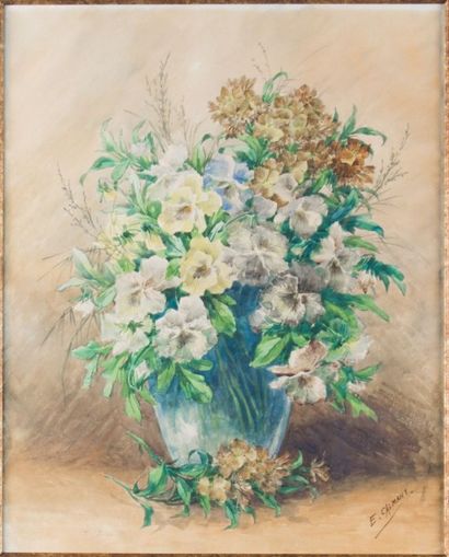 Eugène Marguerite CALMANT (XIX) Bouquet de fleurs d'été Aquarelle signée en bas à...