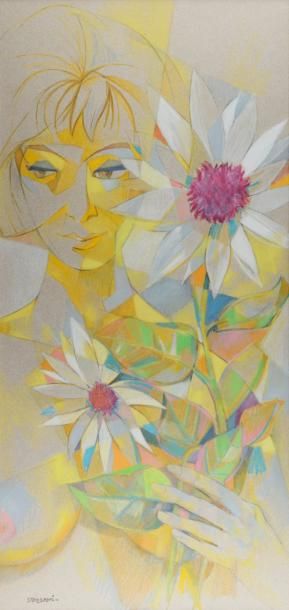 Maurice STOPPANI (1921) Femme aux fleurs. Crayon, signé en bas à gauche. 62 x 29...