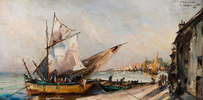 Marcel ABOUGIT (XXème siècle) Les barques à quai. Huile sur toile, signée en haut...