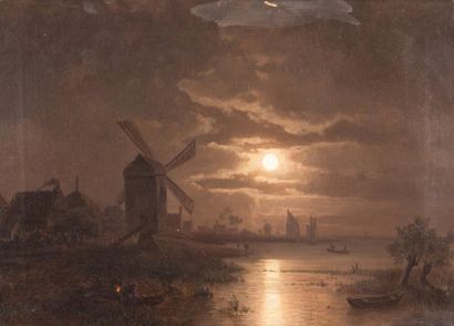 Félix KREUTZER (1835-1876) Moulin au clair de lune. Huile sur toile, signée en bas...