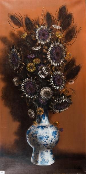 Georges COULON (1914-1990) Bouquet de chardons au vase de Delft. Huile sur toile,...