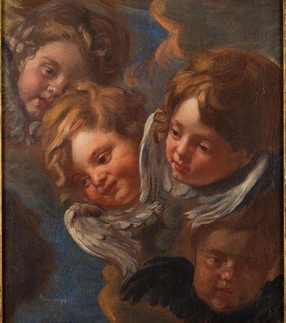 Ecole italienne du XVIIe siècle Quatre angelots dans des nuées. Huile sur toile,...