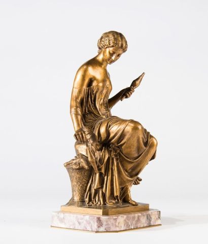 Mathurin MOREAU (1822-1912) La fileuse. Bronze socle en marbre rose griotte. Fonte...