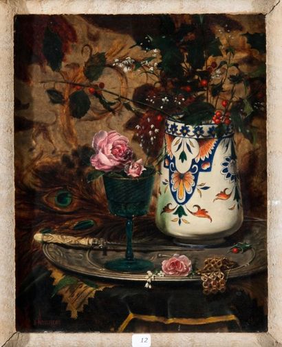 E. Th. d'AVANCON (XIXe siècle) Nature morte au vase de Rouen, Huile sur panneau signée...