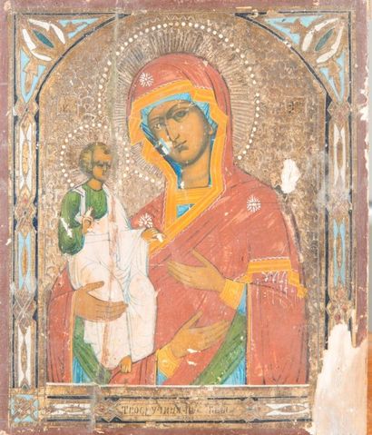 null Icone du XIXème siècle, Vierge à l'enfant, Huile sur panneau gravé à fond argent...