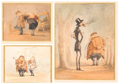 null Lot de 3 caricatures relatives au monde artistique du XIXème siècle, aquarelle...