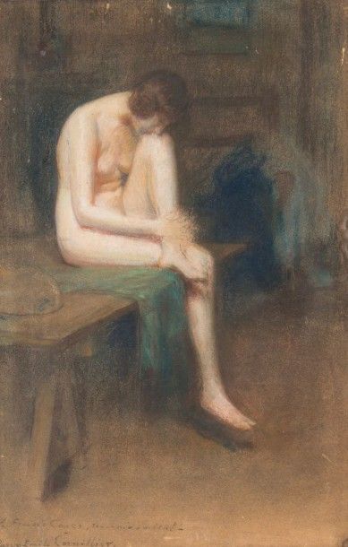 Henri VIEILLY (1900-1979) Nu pensif. Encre, fusain, pastel. 22 x 13 cm à vue.