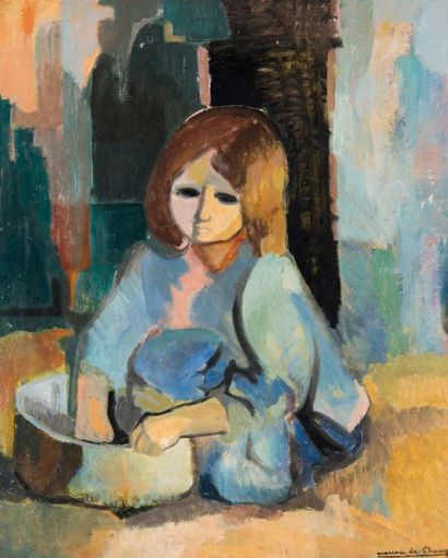Marion de CHAMP (1914) La Petite réfugiée. Huile sur toile, signée en bas à droite,...