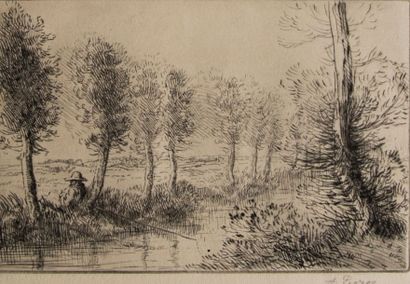 Alphonse LEGROS (1837-1911) Le pêcheur à la rivière. Eau-forte, signée en bas à droite,...