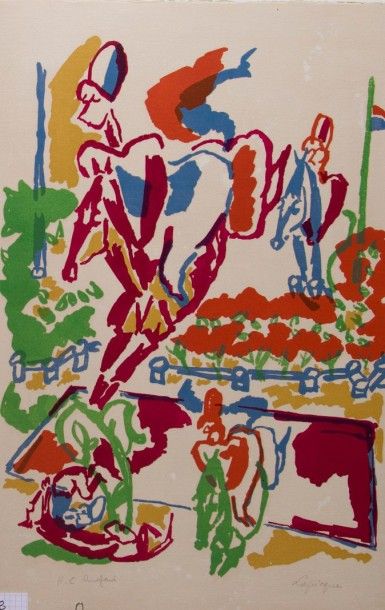 Charles LAPICQUE (1898-1988) Le saut de la rivière, lithographie couleur sur pierre,...