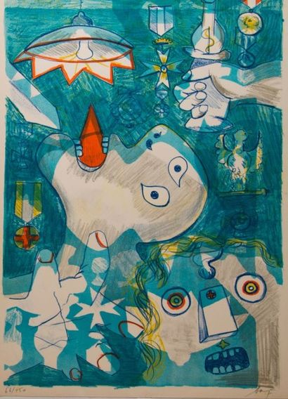 Enrico Baj (1924-2003) Baj chez Picasso, 1969. Lithographie couleur, signée en bas...
