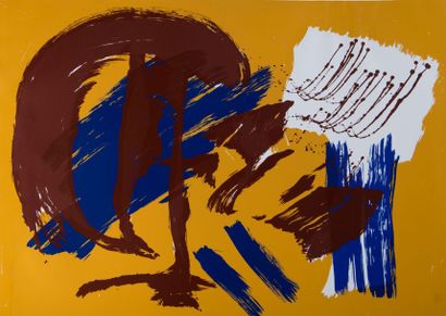 Gérard Ernest SCHNEIDER (1896-1986) Composition sur fond moutarde. Lithographie couleur....