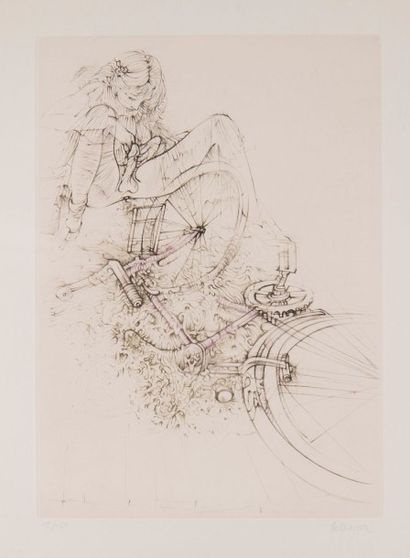 Hans BELLMER (1902-1975) Jeune fille à la bicyclette, gravure numérotée 15/150 et...