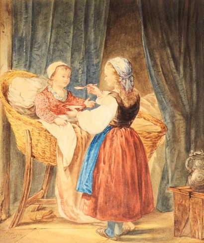 MOZIN Charles (1806-1862). Nourrice nourrissant un enfant assis dans un berceau....