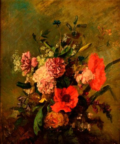 Hippolyte NOËL (1828-?). Bouquet de fleurs. Huile sur toile, signée en bas à droite...