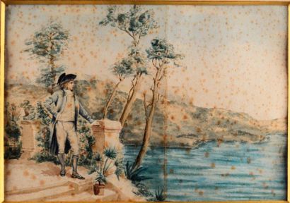 null Ecole du XIXème siècle. Gentilhomme au bord du lac. Aquarelle. 31 x 21,5 cm....