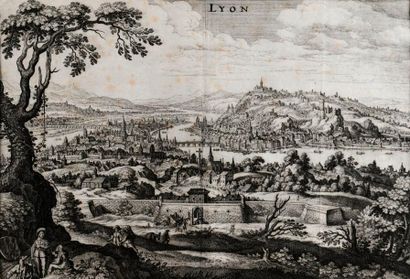 null Gravure ancienne la ville de Lyon cadre incrusté de nacre. 22 x 35 cm. Quelques...