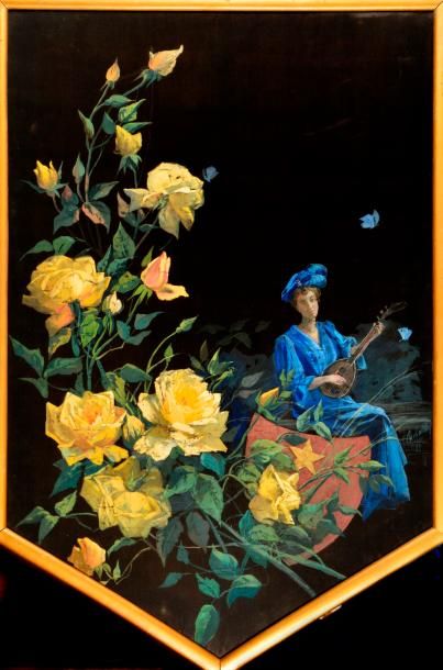 François Charles CACHOUD (1866-1943). Joueuse de mandoline et roses jaunes. Huile...