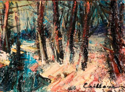 Rodolphe CAILLAUX (1904-1989). Sous bois. Huile sur panneau, signée en bas à gauche....