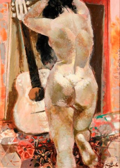 Pierre CAYOL (1940) Nu à la Guitare. Huile sur toile, signée en bas à droite. 73x54...