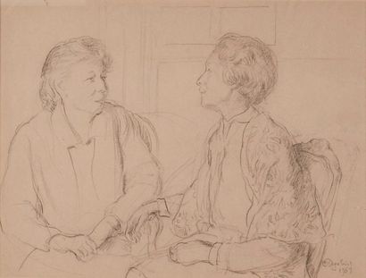 Marie Louise DEGABRIEL (1900-1984). Deux amies discuttant. Crayon, signé en bas à...