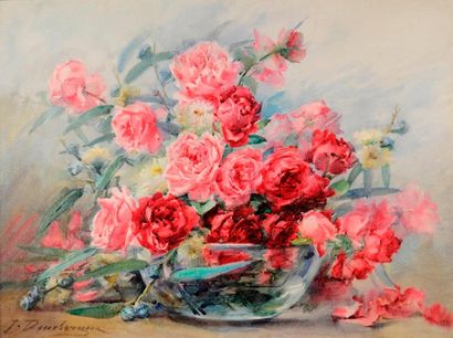 DEURBERGUE. J Bouquet de roses. Aquarelle. 53x72 cm. 