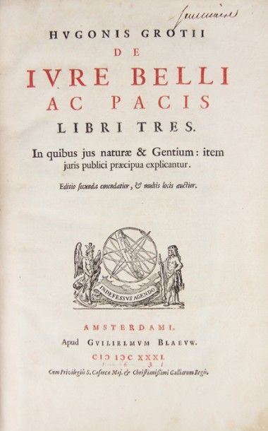 null GROTIUS (Hugo). De iure belli ac pacis libri tres. Amsterdame, apud G. Blaeuw,...