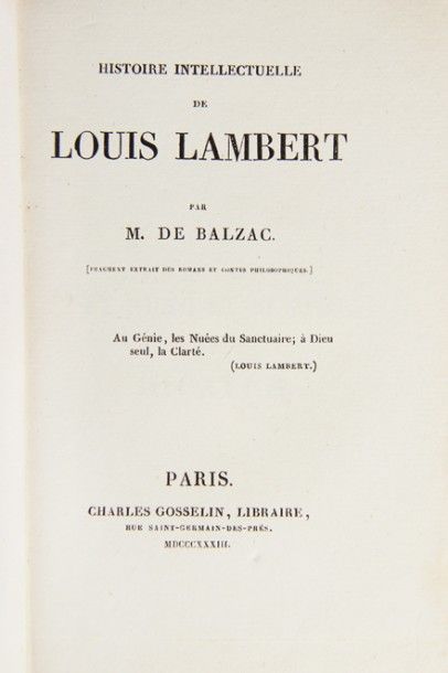null BALZAC (H. de). Histoire intellectuelle de Louis Lambert. Paris, Charles Gosselin,...