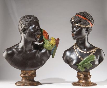 Hermann GLADENDEK (1827-1918) " Black amor". Deux sculptures Buste de couple d'africains,...