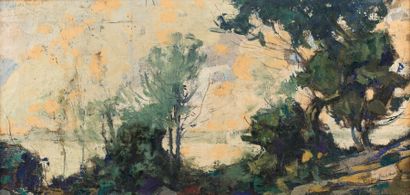 Eugène BROUILLARD (1870-1950) Etang au coucher du soleil.
Huile sur toile, signée...