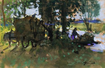 Pierre Eugène MONTEZIN (1874-1946) La récolte des foins devant une rivière. Gouache...